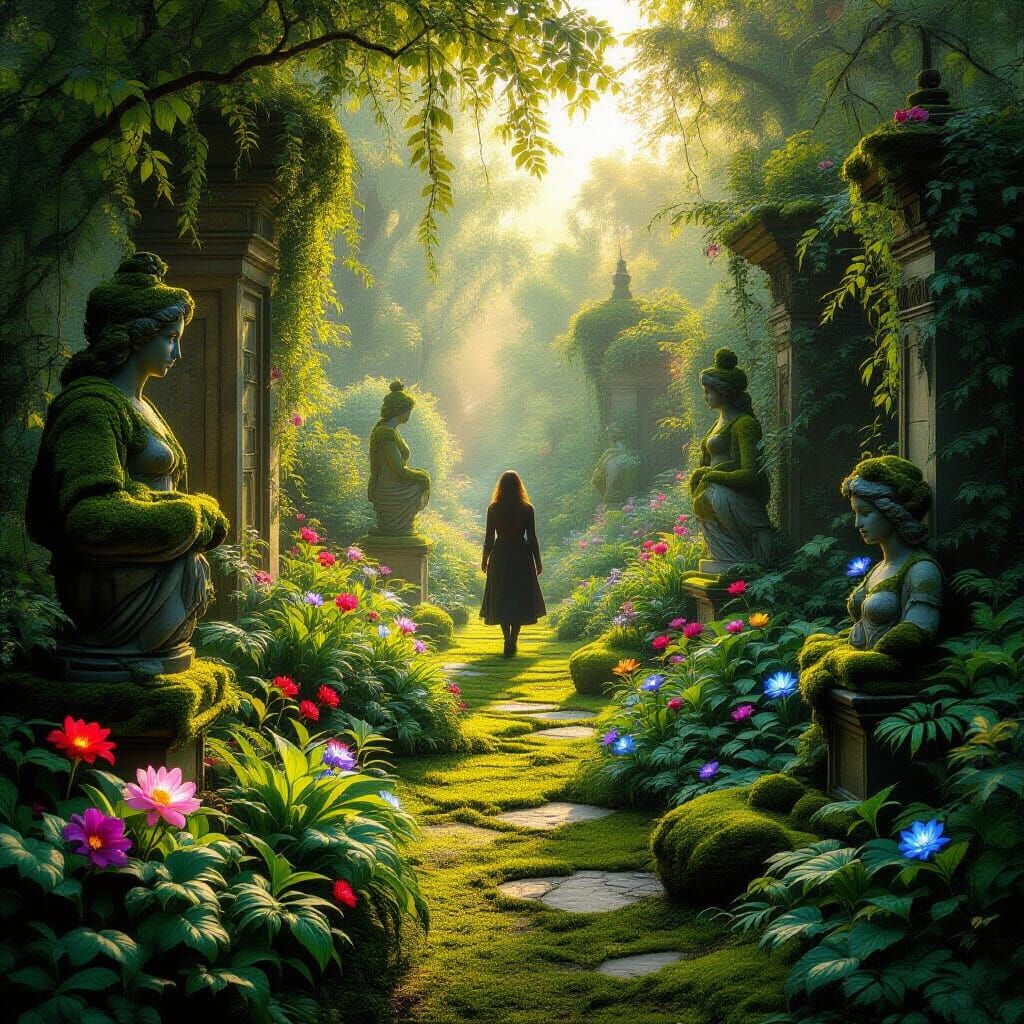 Magical Realism Garden Blooms in Golden Hour Light