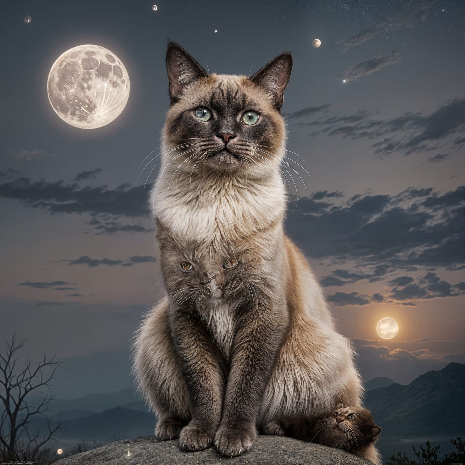 Calico Cat Gazing at Moon in Sinister Style