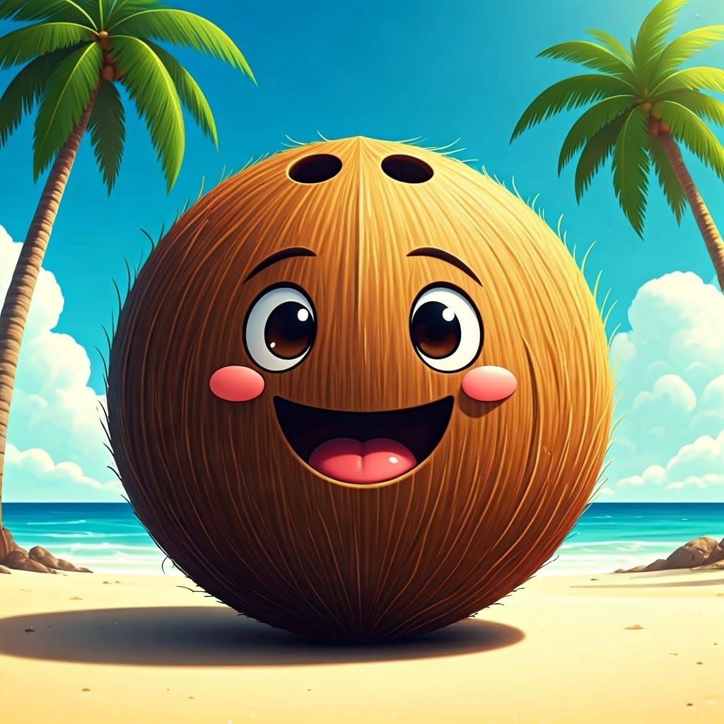 Cheerful Coconut Character on Sunny Beach in Anime Style