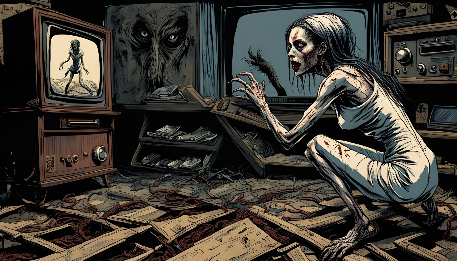 Creepy Woman Emerges From TV in Chaotic Art