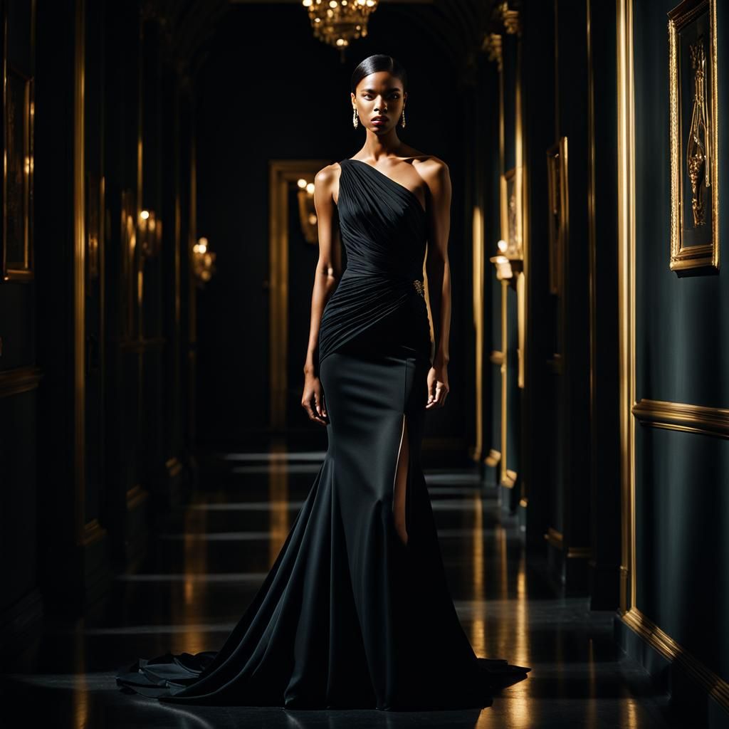 Fashion Model in Black Gown: Editorial Photography