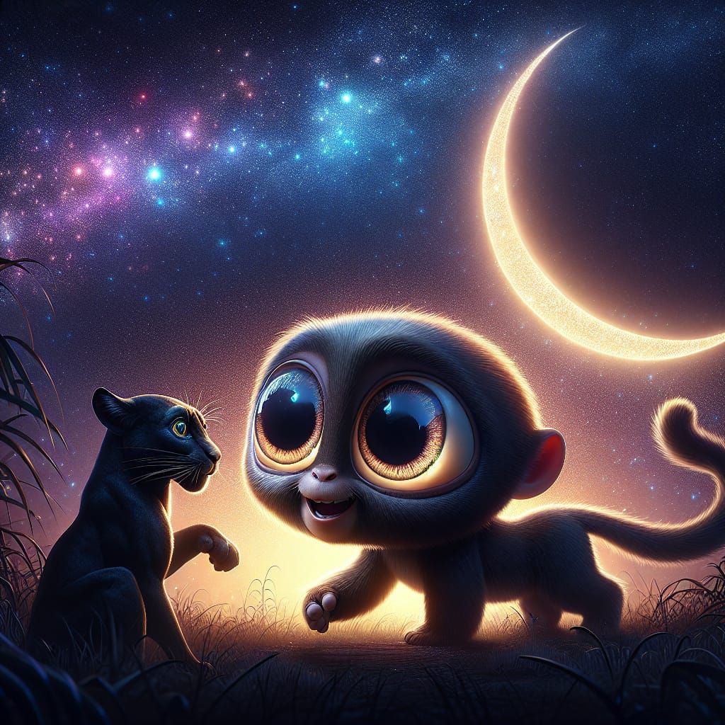 Joyful Creature and Panther Under Starry Sky