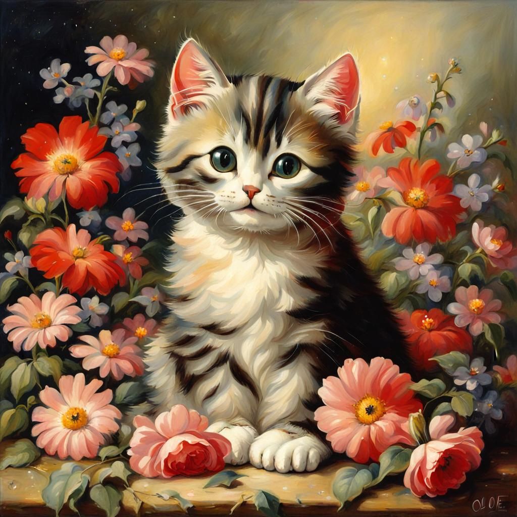 Cute Cat Surrounded by Flowers and Heart Lights