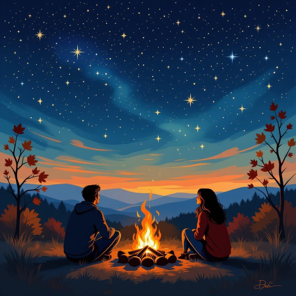 Dreamy Autumn Bonfire Stargazing in Surreal Style