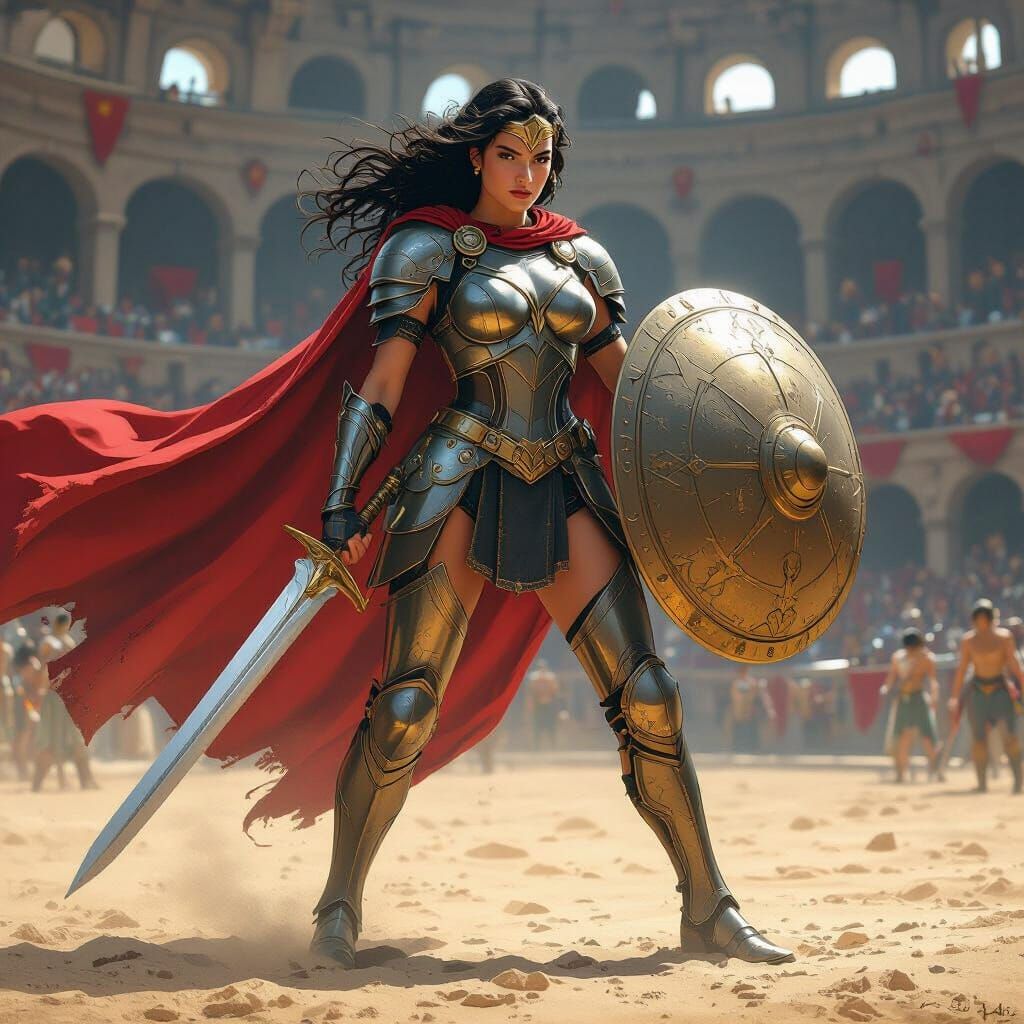 Superwoman Gladiator in Retro-Futuristic Arena