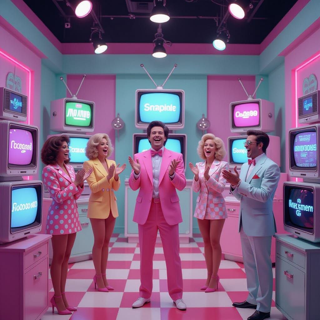 Chaotic 1980s TV Studio Set in Retro Style