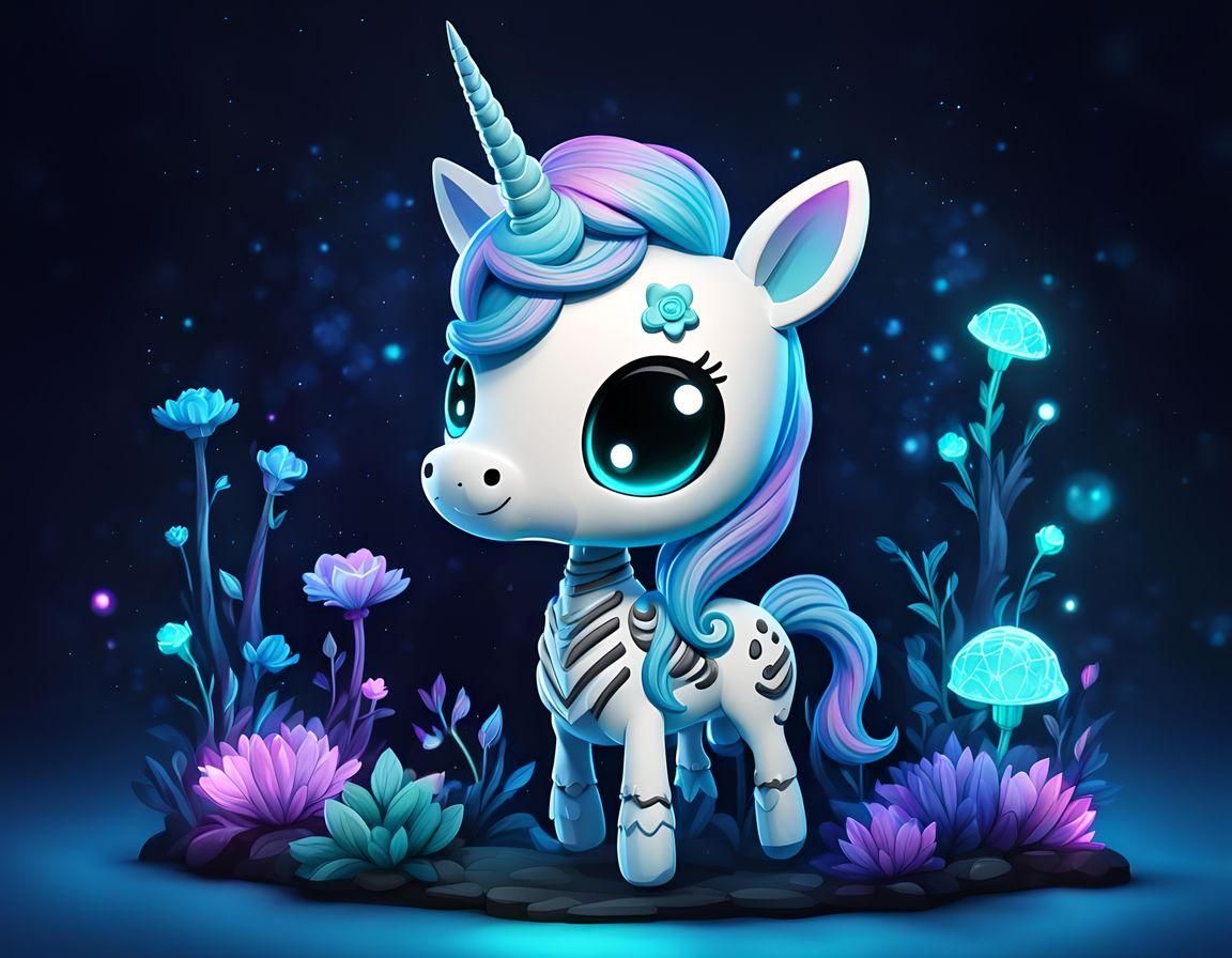 Eerie Bioluminescent Skeletal Chibi Unicorn in Watercolor
