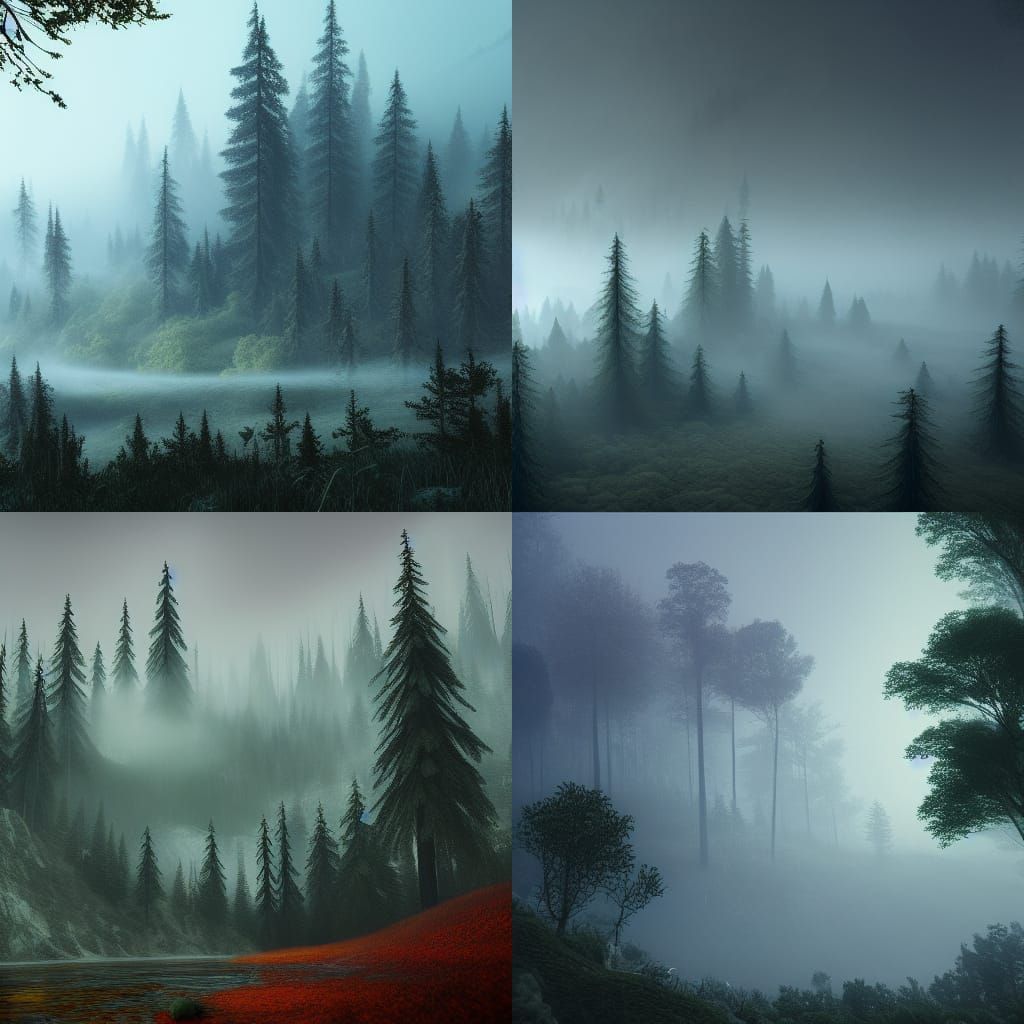 Mountains Forest in Thick Fog, Detailed Matte Painting