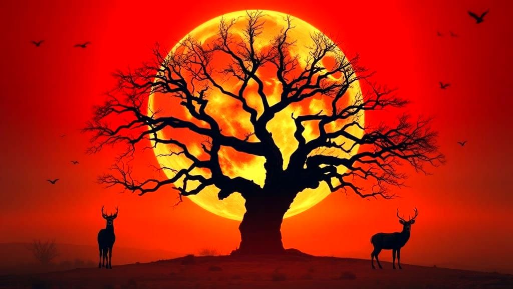 Massive Red Moon Tree Silhouette at Fire Red Sunset