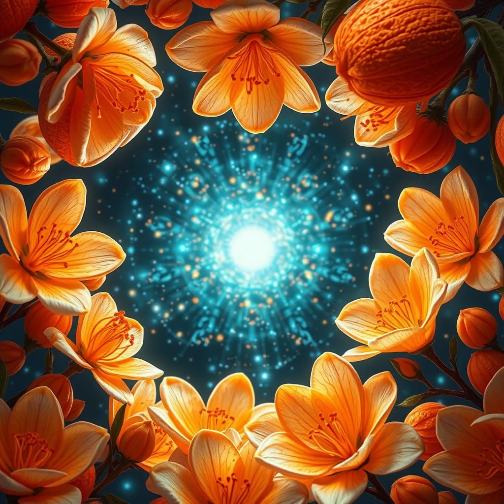Hyperrealistic Orange Blossoms in Holographic Astral Style