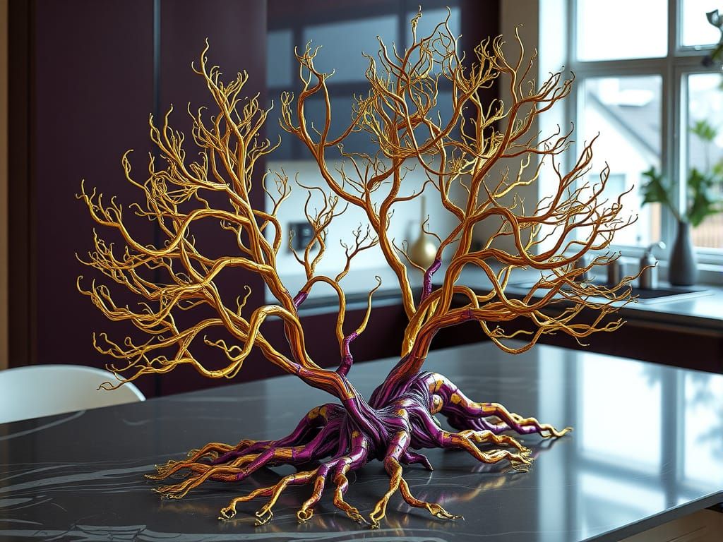 Hyper-Detailed Metal Tree Sculpture in Vibrant Yellow and Pu...