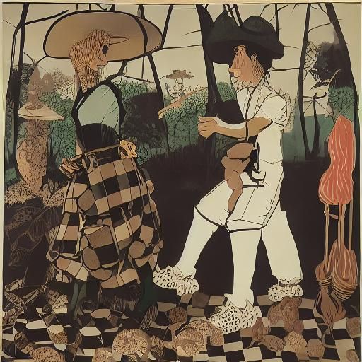 Mushroom Hunters in Paper-Cut Style