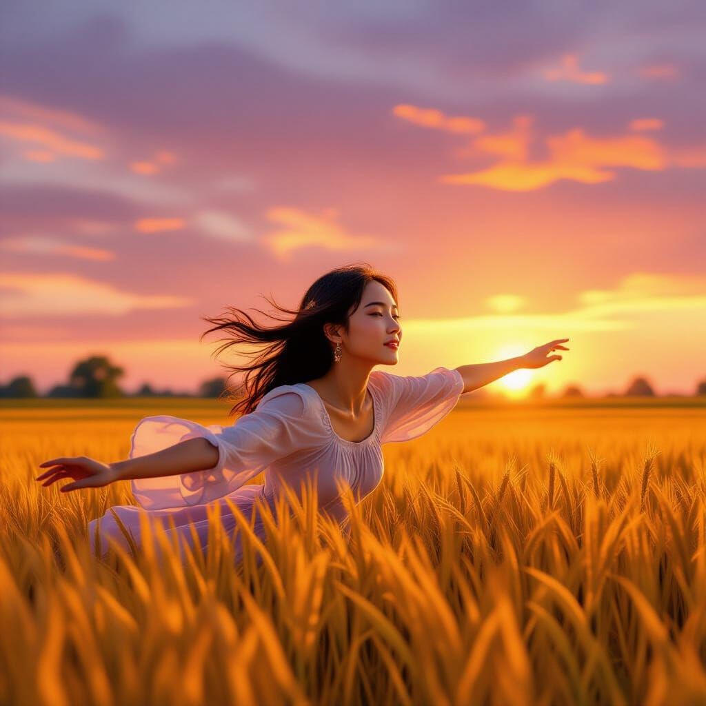 Woman Flies Over Golden Rice Fields at Sunset