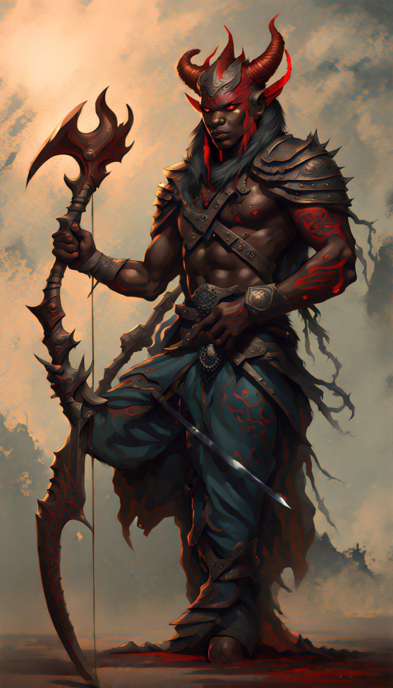 Naga Archer with Black Skin and Red Tattoos