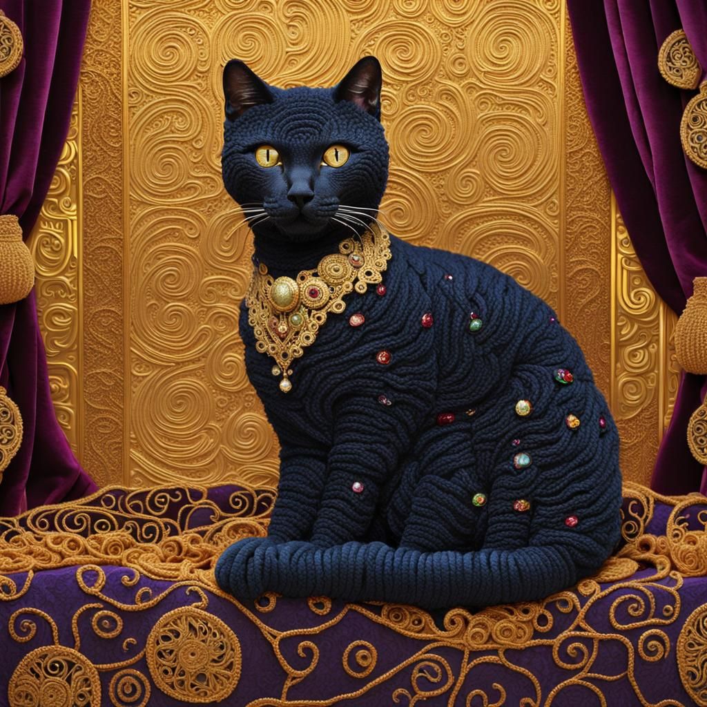 Crochet Cat in Klimt Style Ornate Room