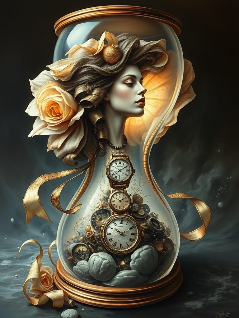 Surreal Glass Figure Emerges from Hourglass