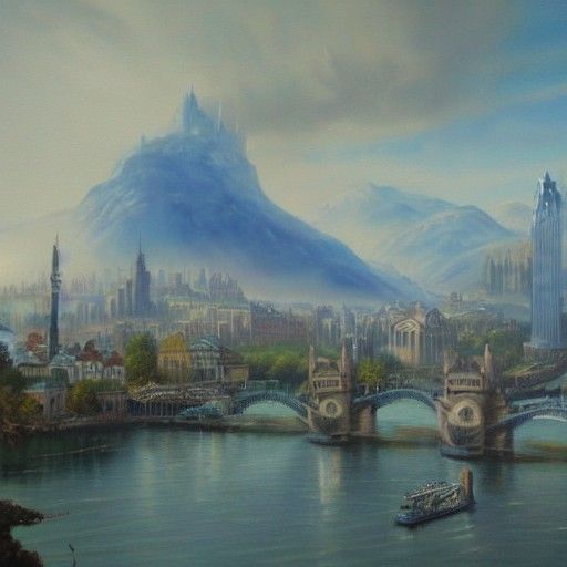 Fantasy City on Island with White Tower in Oil Painting