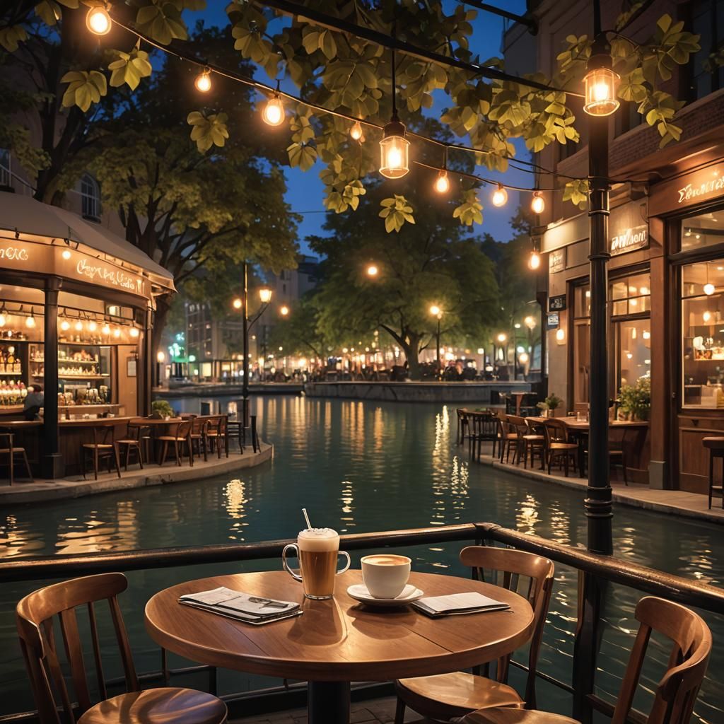 Cozy Night Café with Tranquil Water Feature