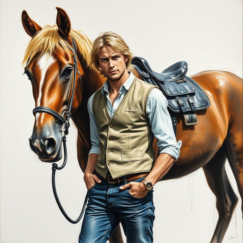 Man with Horse: Hyperdetailed Charcoal Drawing in Gouache St...