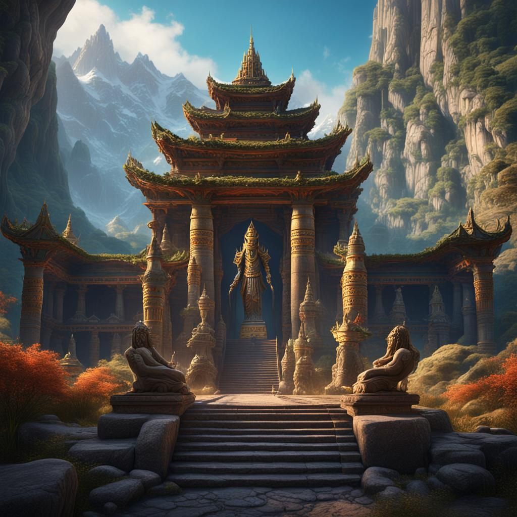 Ancient Mountain Temple Guarded by Living Statues