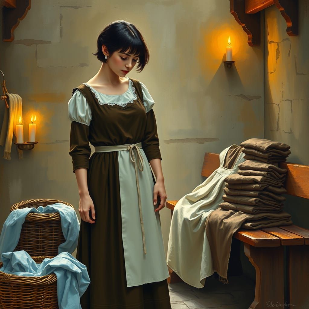 Ethereal Medieval Woman Contemplates Simple Dress in Castle ...