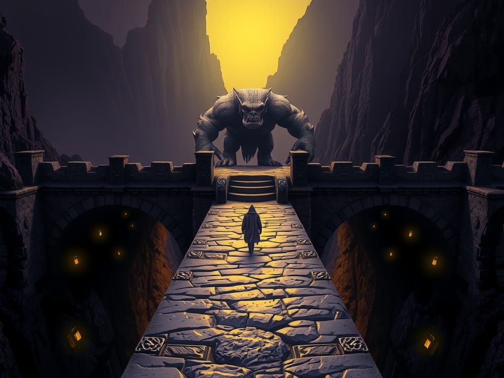 Dark Fantasy Bridge Troll Confrontation in Art Nouveau Style