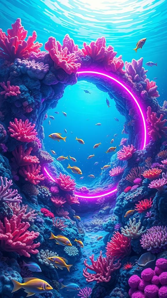 An underwater circular Abysal Colorful neon glowing portal surrounded by an overgrowth of colorful coral, vibrant marine...