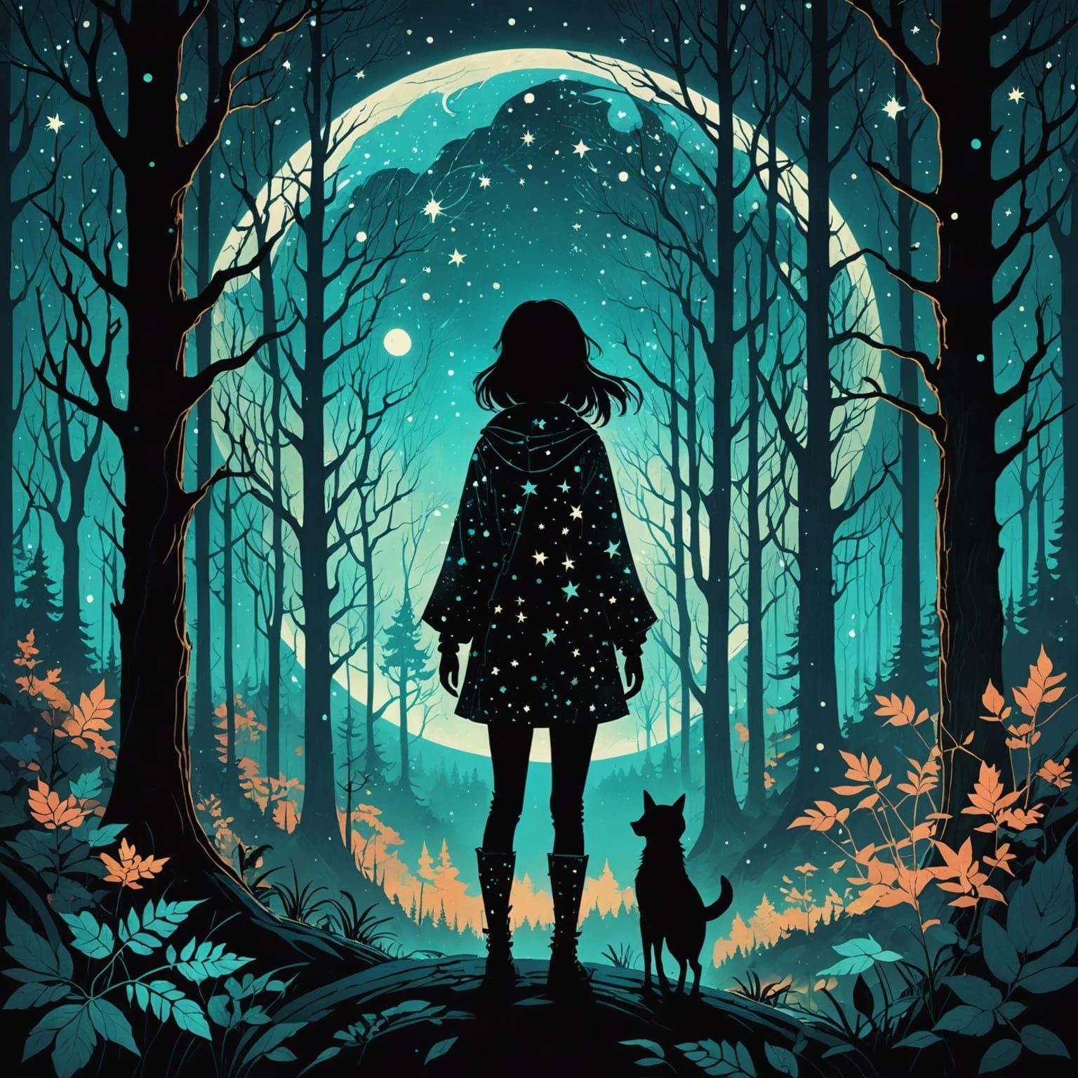 Surreal Starry Forest Silhouette in Anime Style