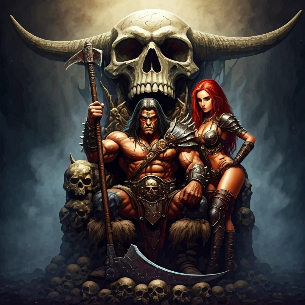 Barbarian Warlord on Skull Throne with Scythe