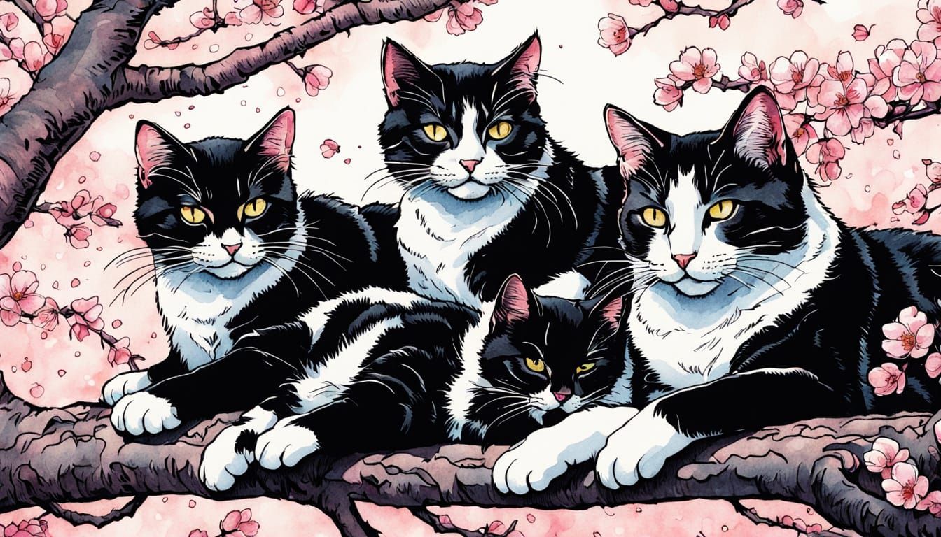 Mother Cat and Kittens in Cherry Blossom Paradise