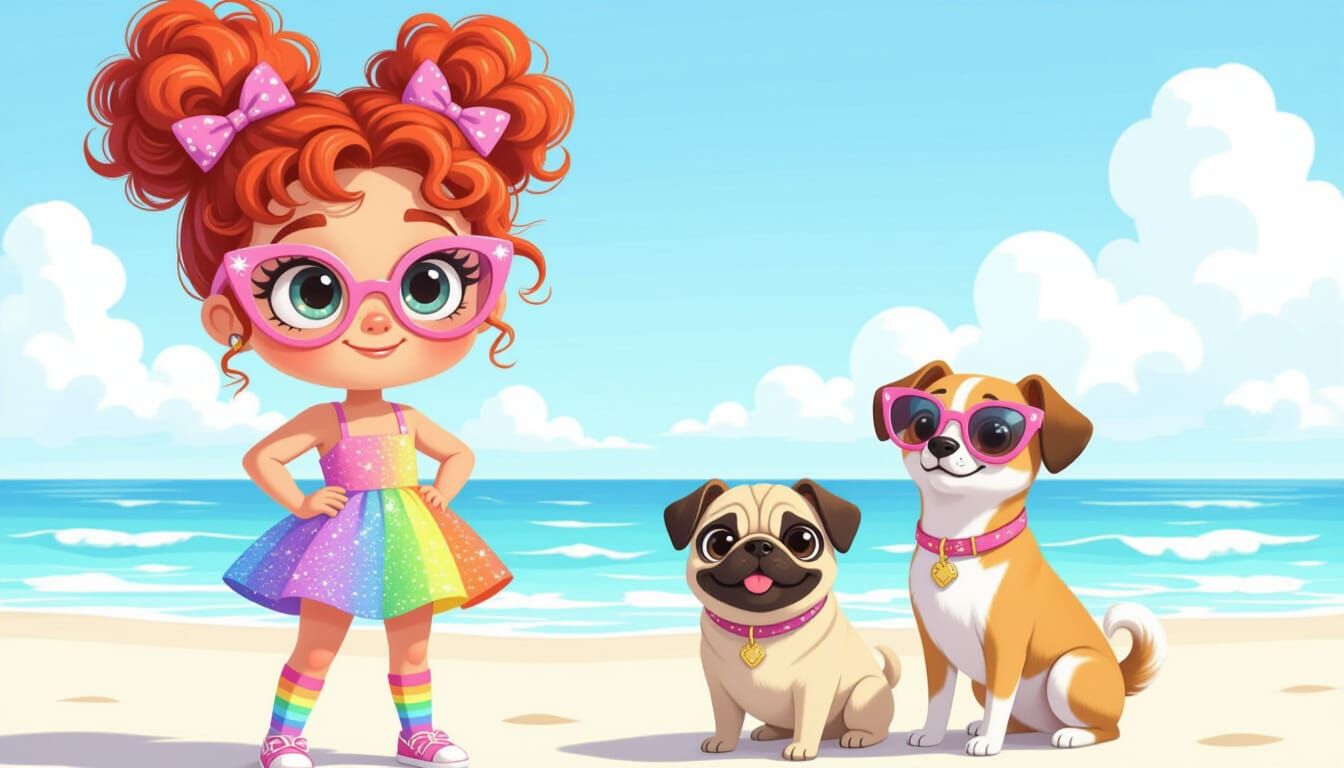 Cartoon Girl with Dogs in Pixar-Kawaii Style