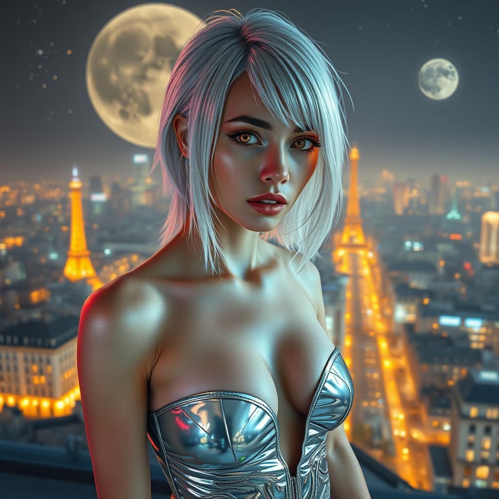 Silver-Haired Woman in Cyberpunk Paris