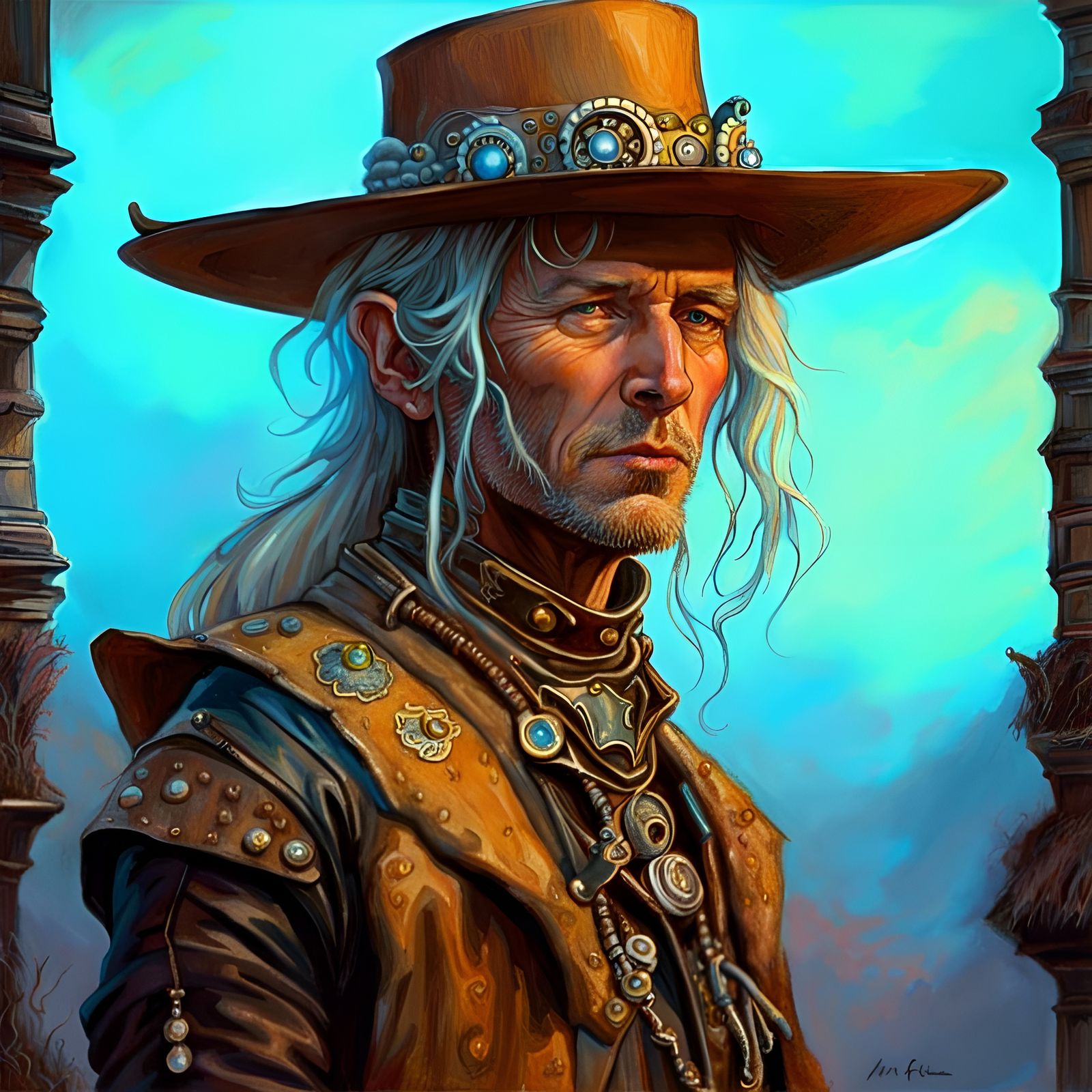Old West Cyber Cowboy Portrait in Ligne Claire Style