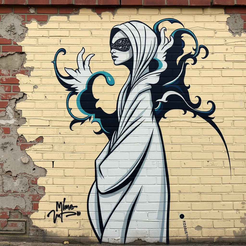Surreal Graffiti Mural of Abstract Woman on Brick Wall