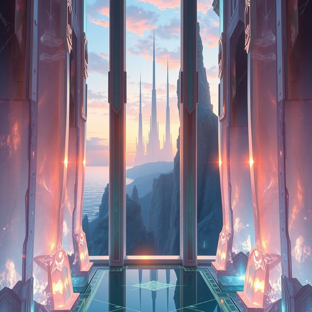 Alinor Crystal Walls Refract Dawn Light: Art Nouveau Scene