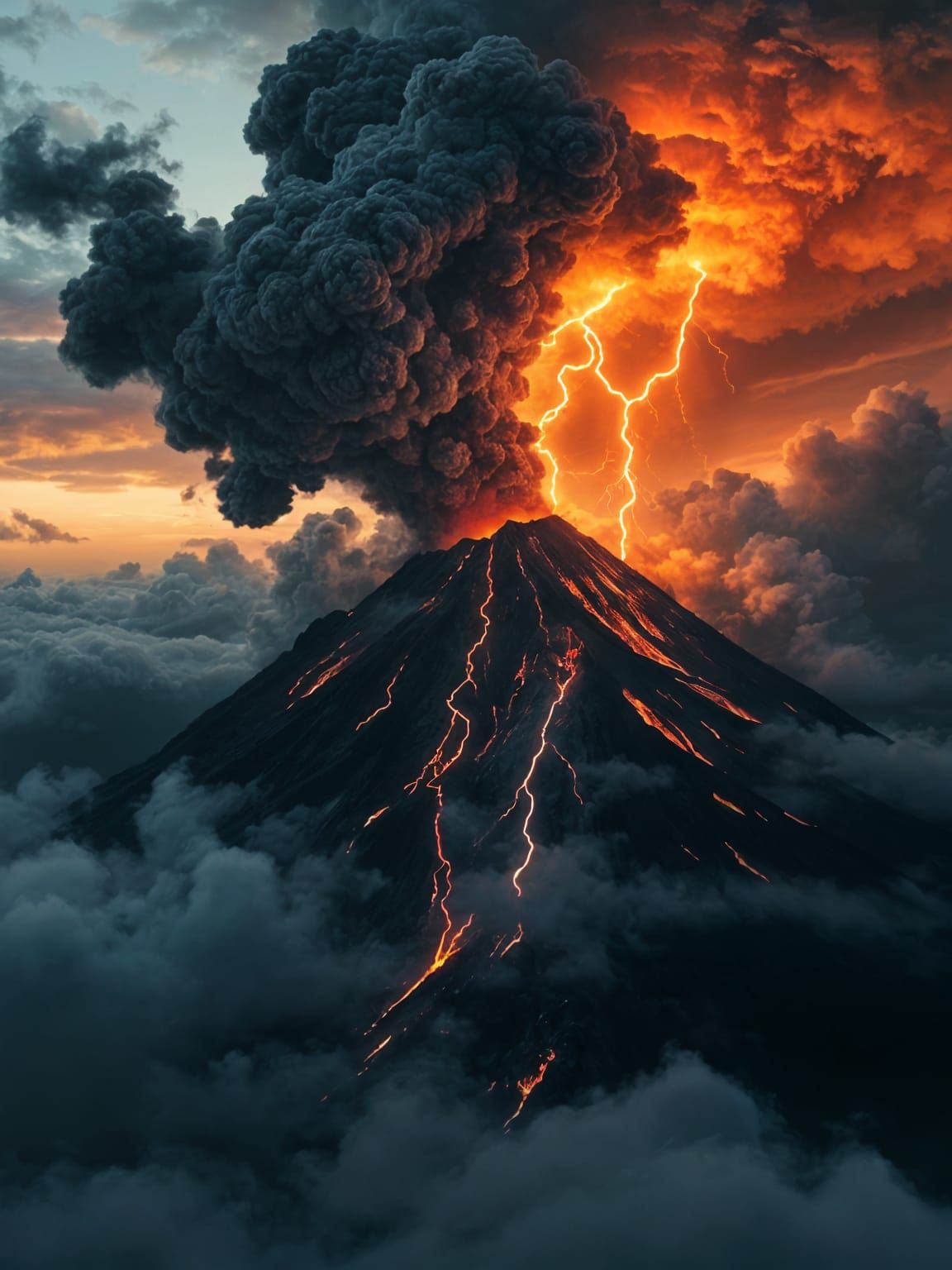 Dark Mountain Volcano Eruption with Lightning
