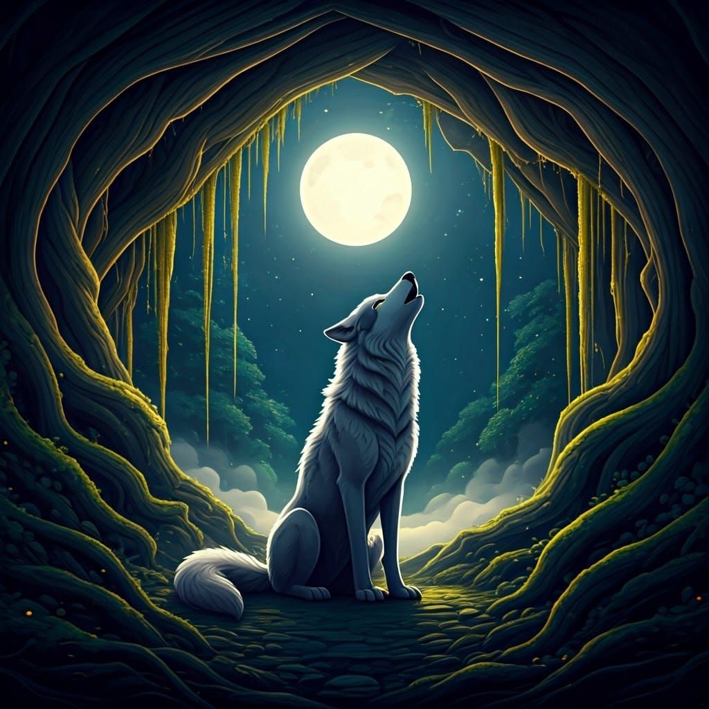 Regal Gray Wolf Howls at Full Moon in Mystical Cave