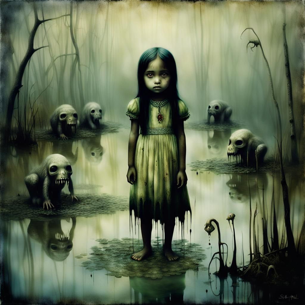 Eerie Swamp: Young Girl and Strange Creatures