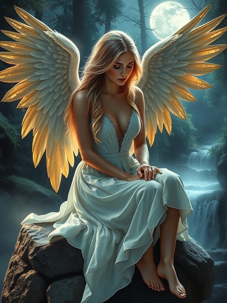 Fallen Angel in Mystical Forest at Moonlit Night
