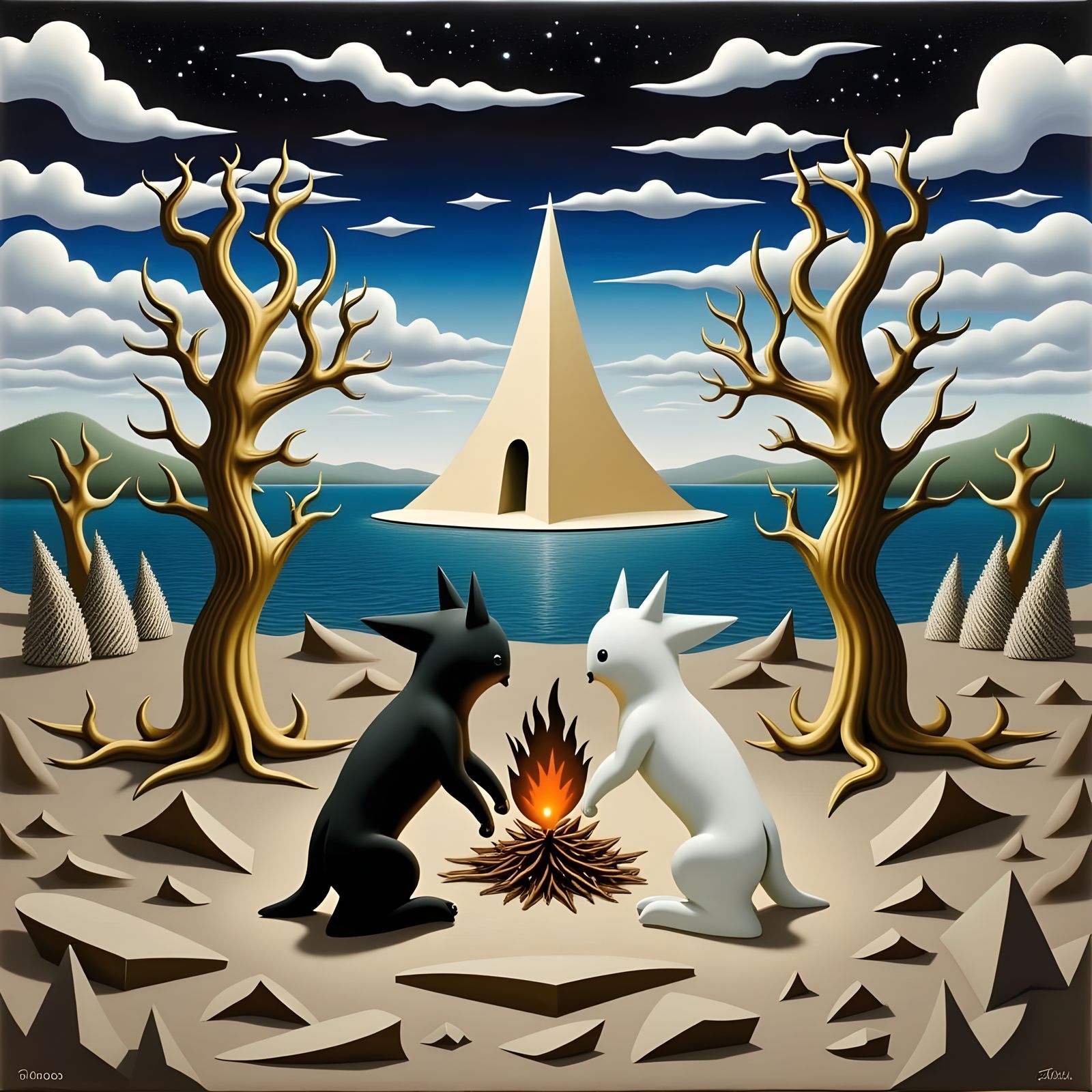 Nighttime Campfire Gathering by Lake with Dogs