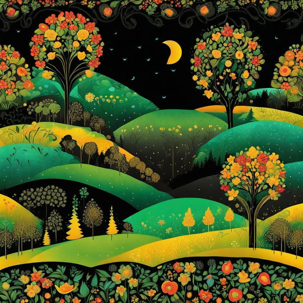 Vibrant Landscape in Palekh Style with Dark Sky