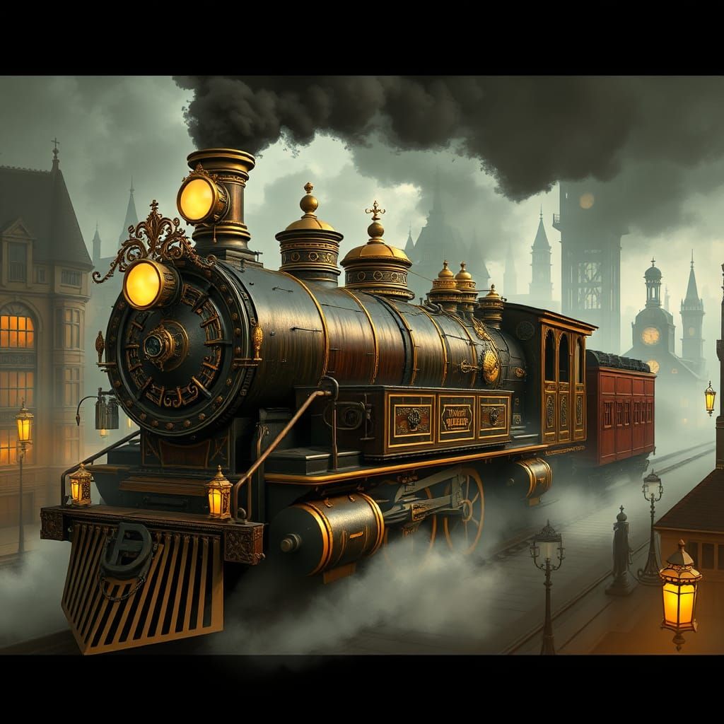 Gothicpunk Locomotive in Victorian Cityscape