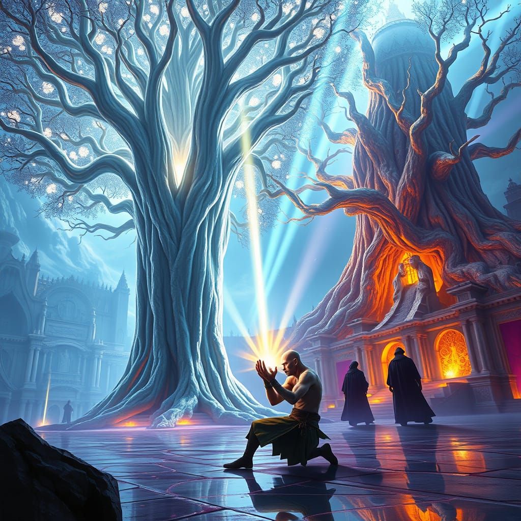 Surreal Valinor Landscape with Colossal Silver and Gold Tree...