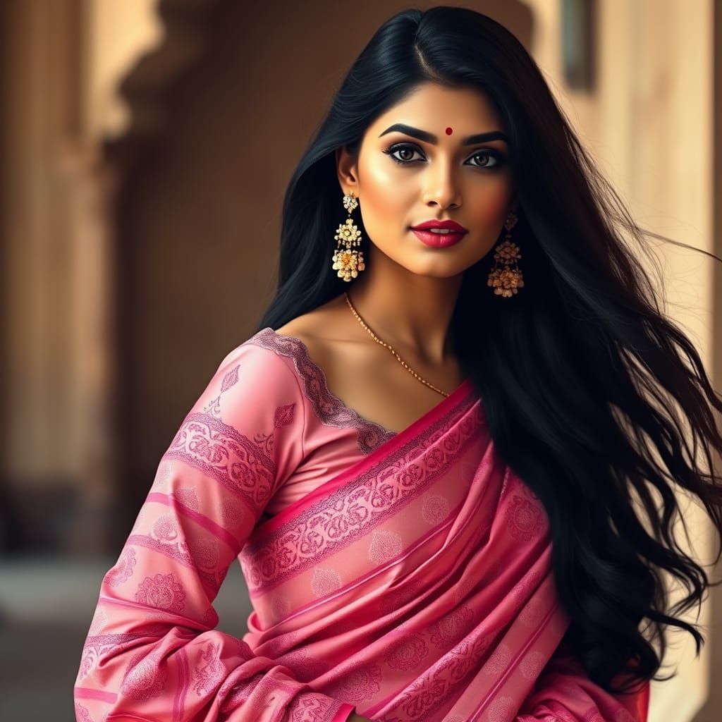 Elegant Woman in Pink Saree, Art Nouveau Style