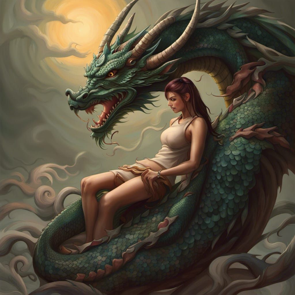 Dragon and Girl in Fantasy Setting