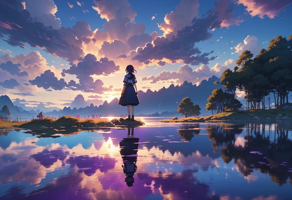 Woman at Sunset Lake: Anime-Inspired Digital Art