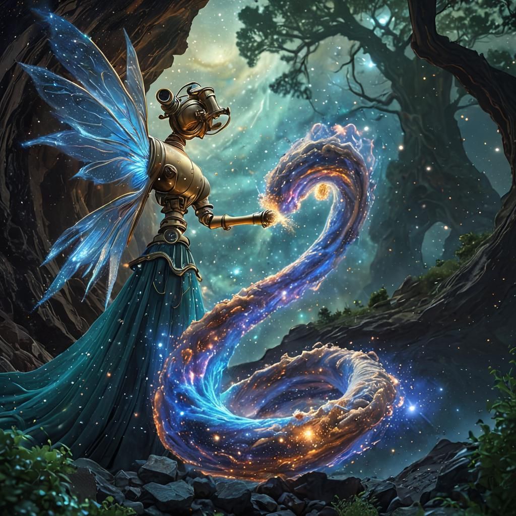 Telescope Gazing at Swirling Galaxy in Digital Painting