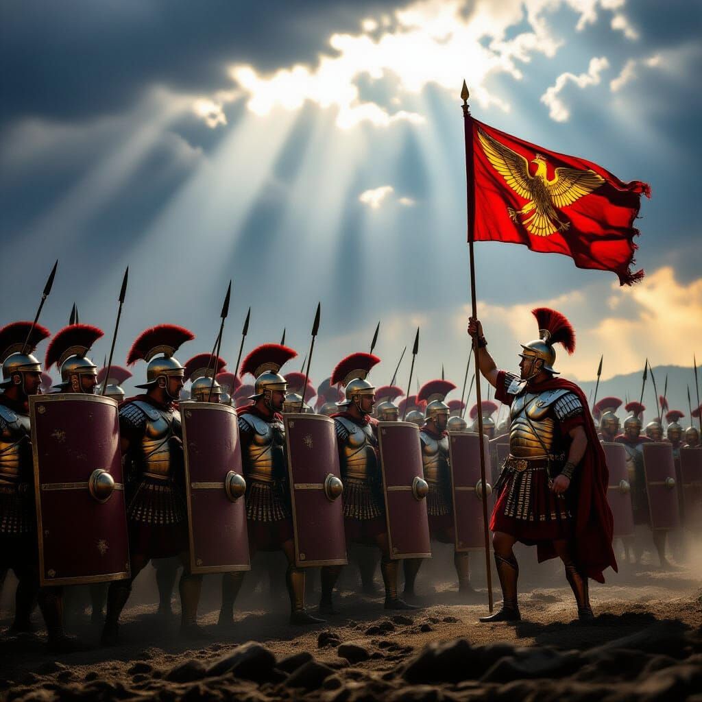 Roman Legionaries Defend the Eagle Under Stormy Skies