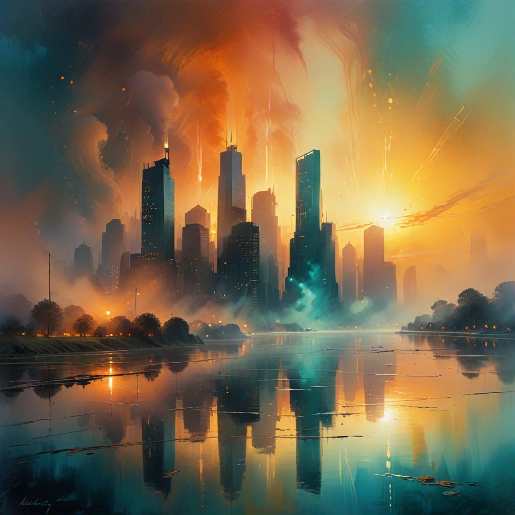 Surreal Cityscape at Sunset in Expressive Oil Painting