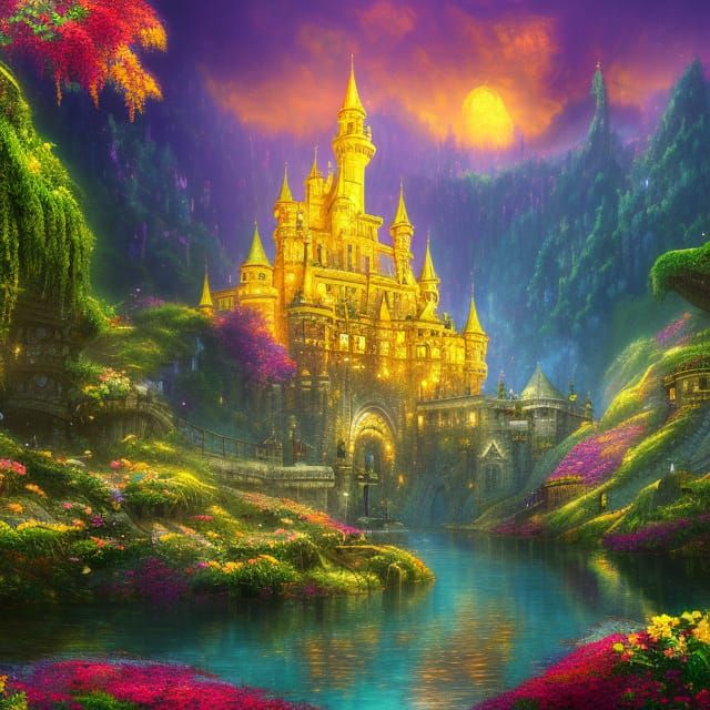 Golden Castle by River in Detailed Matte Painting
